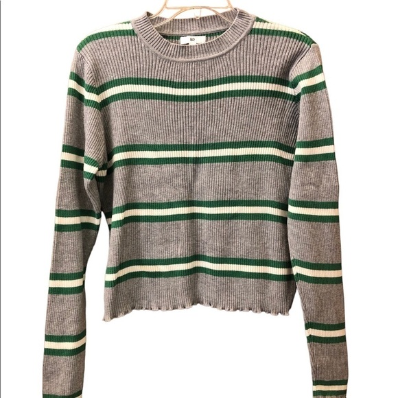 BP. Ribbed Lettuce Edge Long Sleeve Striped Sweater Green Gray Size Large L - Picture 10 of 10